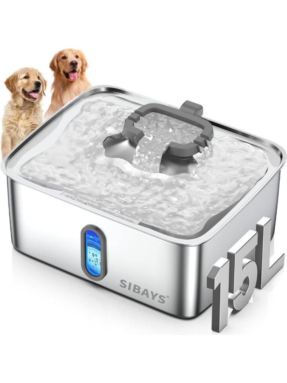 SIBAYS 4Gal/15L Dog Water Fountain for Large Dogs, Stainless Steel Large Pet